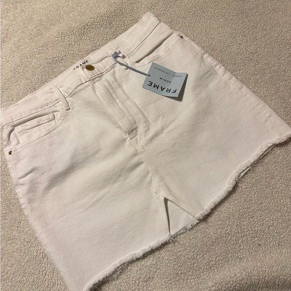 FRAME Denim Le Mini Jean Skirt Blanc White Distressed Raw Split Hem - Picture 12 of 14